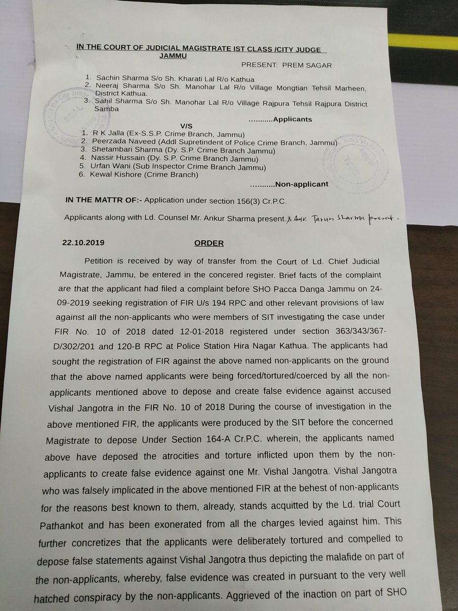 DostKhan_Jammu's tweet photo. #kathuacase
#BenchHunting
Latest from JKHC
All the 6 SIT members, who tortured innocents to create false evidence against 8 innocent Hindus, didn't appear B4 HC Judge for 2nd time in a row fearing he might reject their petition against this👇order of Jammu court against them. https://t.co/8GTsBNj8sf