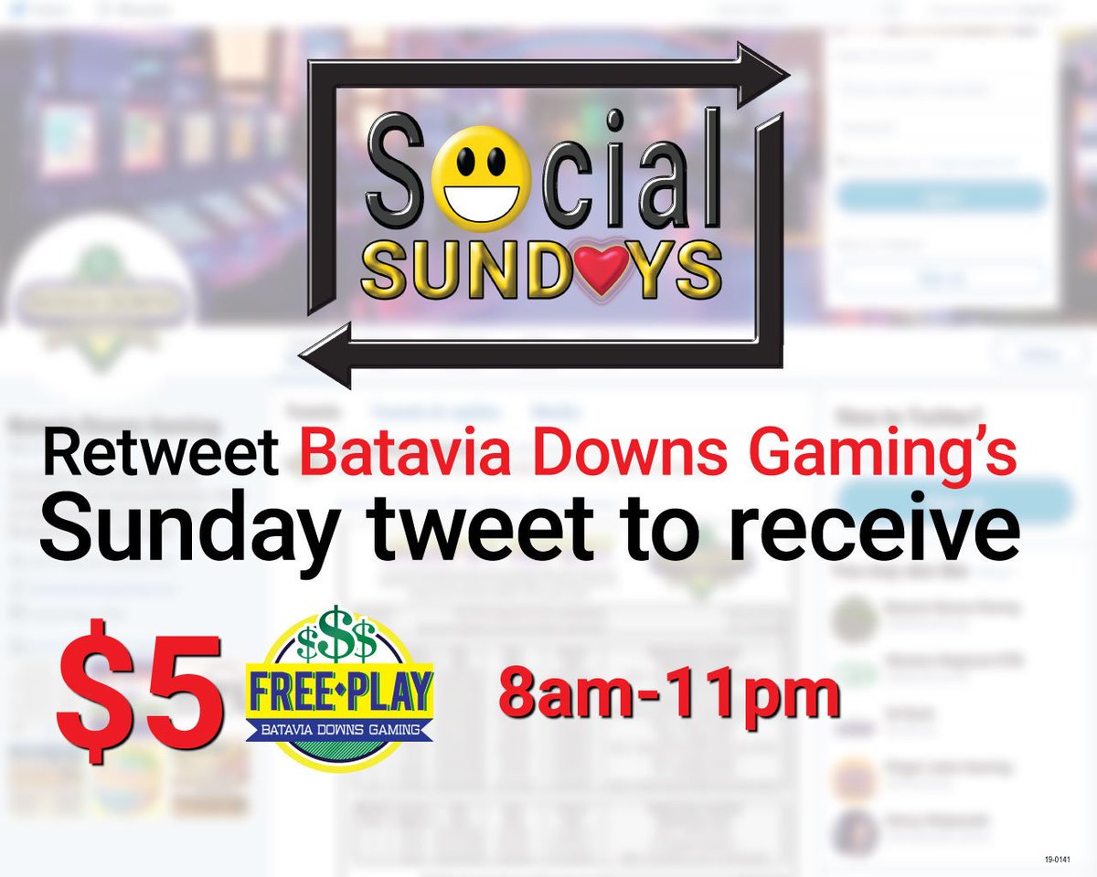 BataviaDowns's tweet photo. ✨ Retweet this tweet for $5 Free Play for #bdgsocialsunday after 8 AM on 11/24/2019!

Show to Players Club via phone or print out to be eligible to receive promotion. ✨ https://t.co/UaMKdCs7Xx