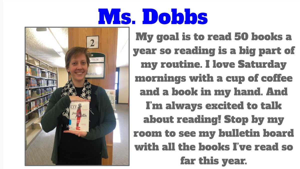 flyerslibrary's tweet photo. Check out why Ms. Dobbs loves to read! And if you're looking for a good book, check out Dear Martin by Nic Stone, one of her favorites. #readlikeateacher #LHSreads #LHSlearns https://t.co/wJM4BIGviP