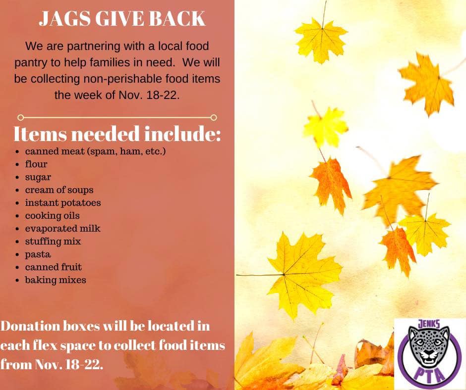 Tomorrow are our Thankfulness Parties held in the classrooms! Parents are welcome to attend.  Party Times: jenkspta.com. Food Drive: Non-perishable food items until tomorrow. Volunteer: signup.com/go/mzbAino R.S.V.P by 12pm today: docs.google.com/forms/d/e/1FAI… #mjepta