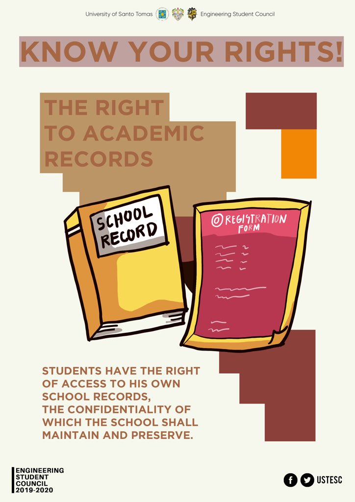 USTESC's tweet photo. As students of our faculty, it is our responsibility to KNOW OUR RIGHTS.
Did you know? Students have the right of access to his own school records, the confidentiality of which the school shall maintain and preserve.
#RuañoRights
#FromtheROOTS
#SaCWeek https://t.co/SezyXZk9QX