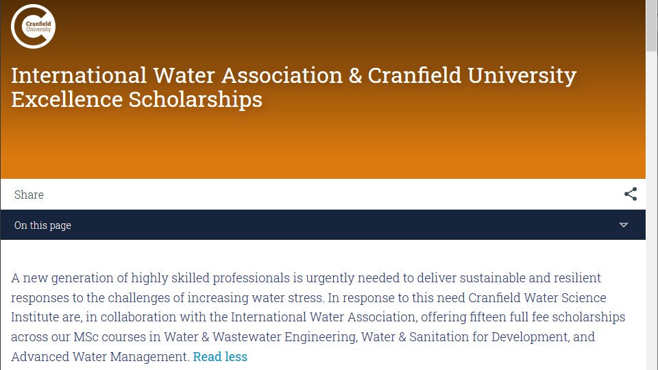 15 fully-funded scholarships for UK, EU and international students to study a Water MSc full time at <a href="/CranfieldUni/">Cranfield University</a> starting Oct 2020

cranfield.ac.uk/funding/fundin…