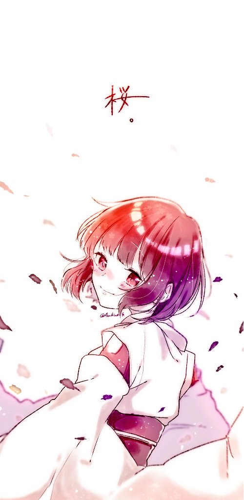 1girl solo short hair japanese clothes red eyes smile petals  illustration images