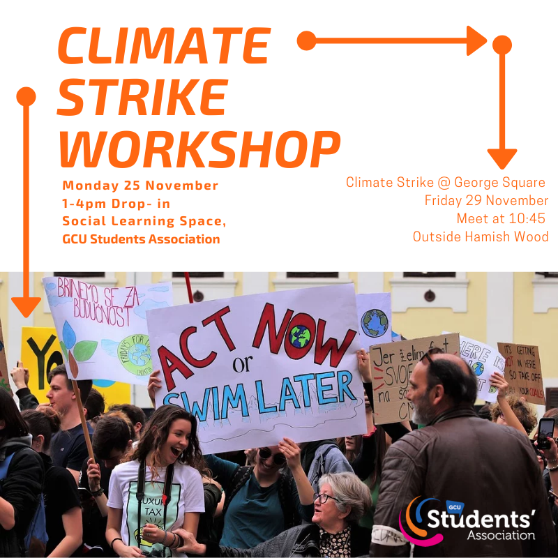 climate_hally's tweet photo. Students and staff at #GCU are invited to this brilliant #activism workshop on Monday. Learn more about what GCU staff and students are doing for the next #ClimateStrike, meet/join the #ClimateEmergencyNetwork, and make your own placard! ✂️Sign up here: https://t.co/5fxzfvarDY https://t.co/PvbVIJ8WBH