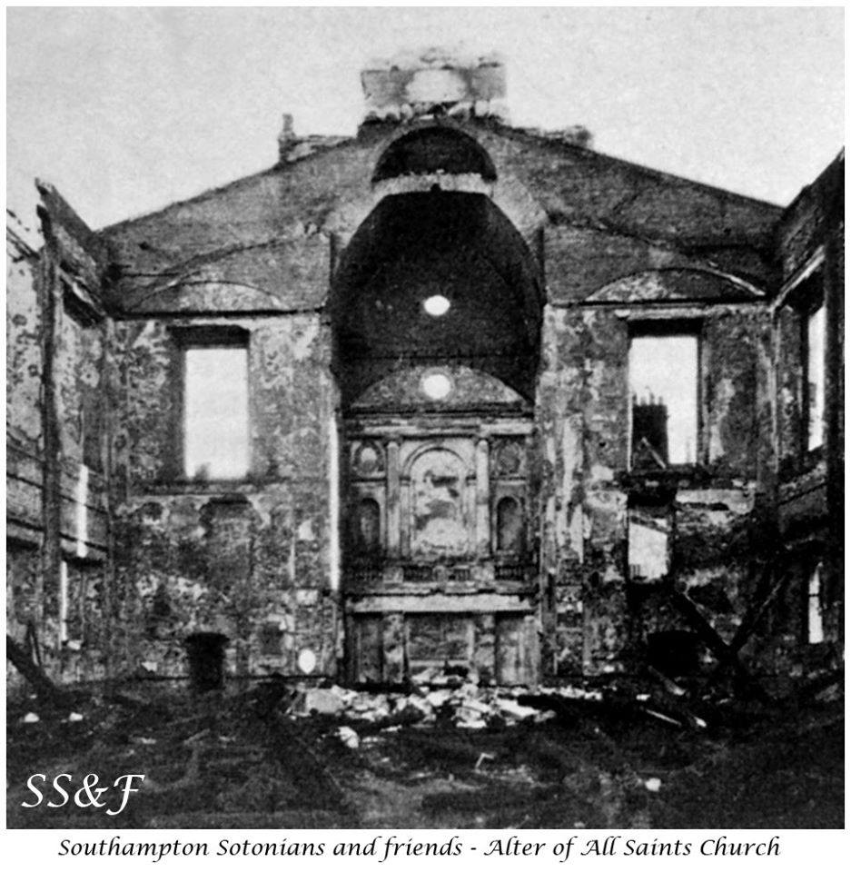 A view from inside the burnt out shell of 'All Saints Church' that stood in our High Street before the Blitz of WW2, the view is looking east toward the alter which was shielded a little in the alcove from the intense heat of the ensuing fire that gutted our old church.