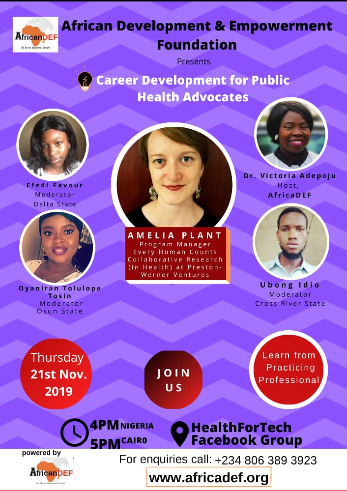 AfricanDEF's tweet photo. Join us as Amelia Plant @amesimoneirene speaks with our new volunteers on HealthForTech Facebook group today by 4pm Nigeria time.
Career Development for Public Health Advocates.

#leadership #volunteers #health #healthcare #sdgs #mothers #Nigeria https://t.co/pBVp5Dhn3l