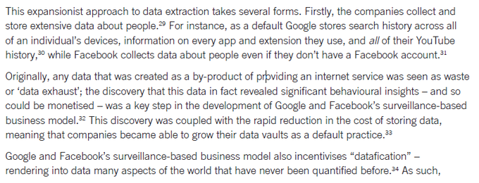 "The business model is predicated first & foremost on the extraction of vast amounts of data about people in order to create highly personalized profiles 4 advertising. This sets the companies on a never-ending quest to expand their data empires & thereby profits."  @TanyaOCarroll