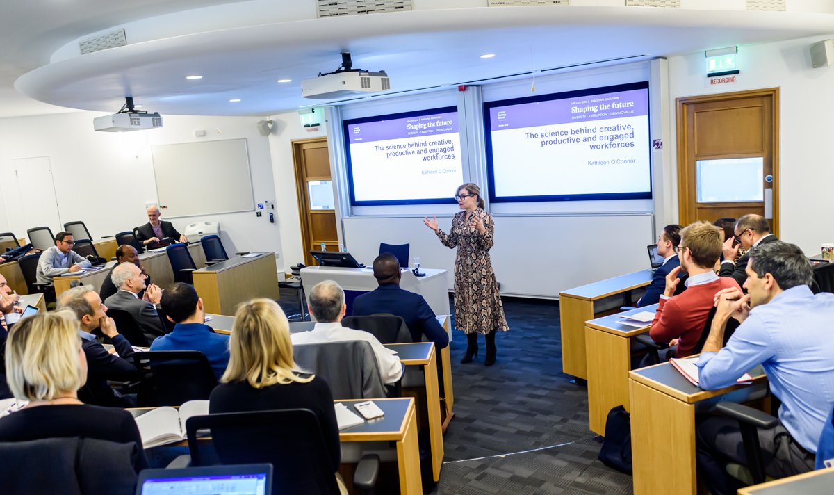 LBS's tweet photo. Engaged employees work better. But how can you create engagement? LBS's @ProfKathOConnor takes us through the science behind creative, productive and engaged workforces at today's #LBSLive. Kathleen teaches on our unique Women in Leadership programme. https://t.co/XBbJ14lDMQ https://t.co/CvtLMRoF92