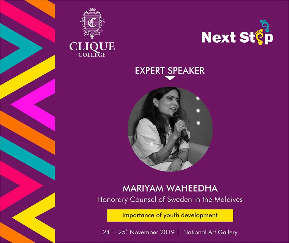 CliqueCollege's tweet photo. Mariyam Waheeda is a National Award winner in the media and development category. She is also listed among the Ten Outstanding Young Persons’ Award from JCI. #NextStep2019 #CliqueCollege #Seeyouguys https://t.co/vyZxL09CUB