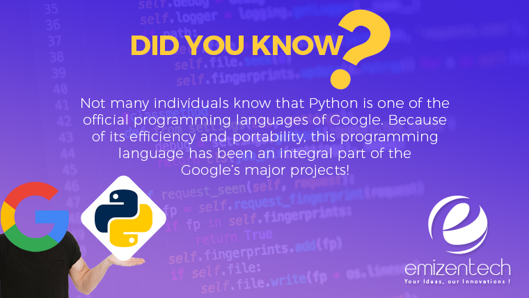 EmizenTech's tweet photo. Did you this great fact about Python.
#pythonfact #programming #java #developer #coding #snake #machinelearning #pythondevelopment #fact #google #googlefact https://t.co/rc7BcAeuEw