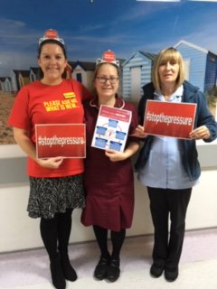 uhbtrust's tweet photo. The Tissue Viability team have visited Ward 16, AMU, AMU Shortstay and Ward 14 at Good Hope. They've been promoting the MOVED poster, safe side lying, new Sitting in Hospital leaflet and catheter straps. Staff are loving the pink 'Have you moved your patient today?' pens. https://t.co/71pMed7tOh