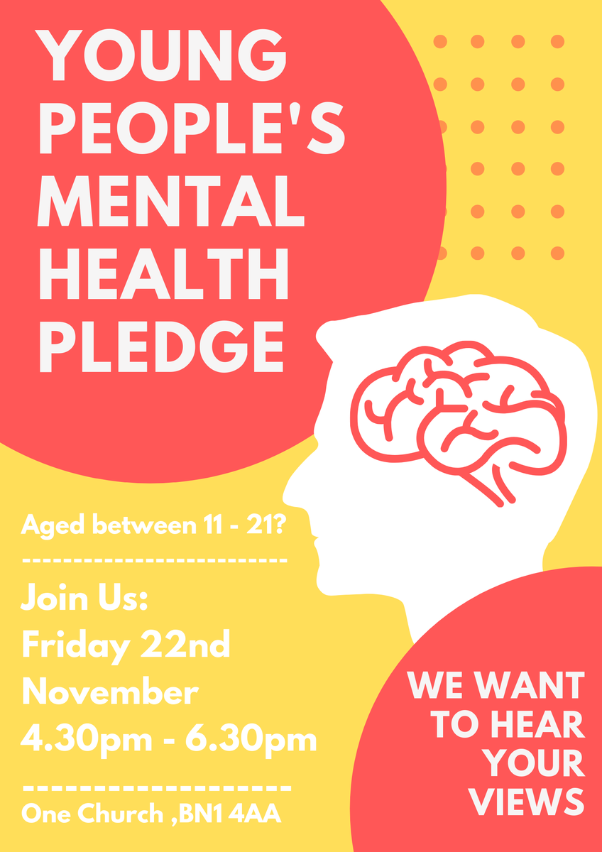 If you know young people passionate about Mental Health services in Brighton and Hove please invite them along to our listening session tomorrow. 4.30pm, One Church, Gloucester Place, Refreshments provided.