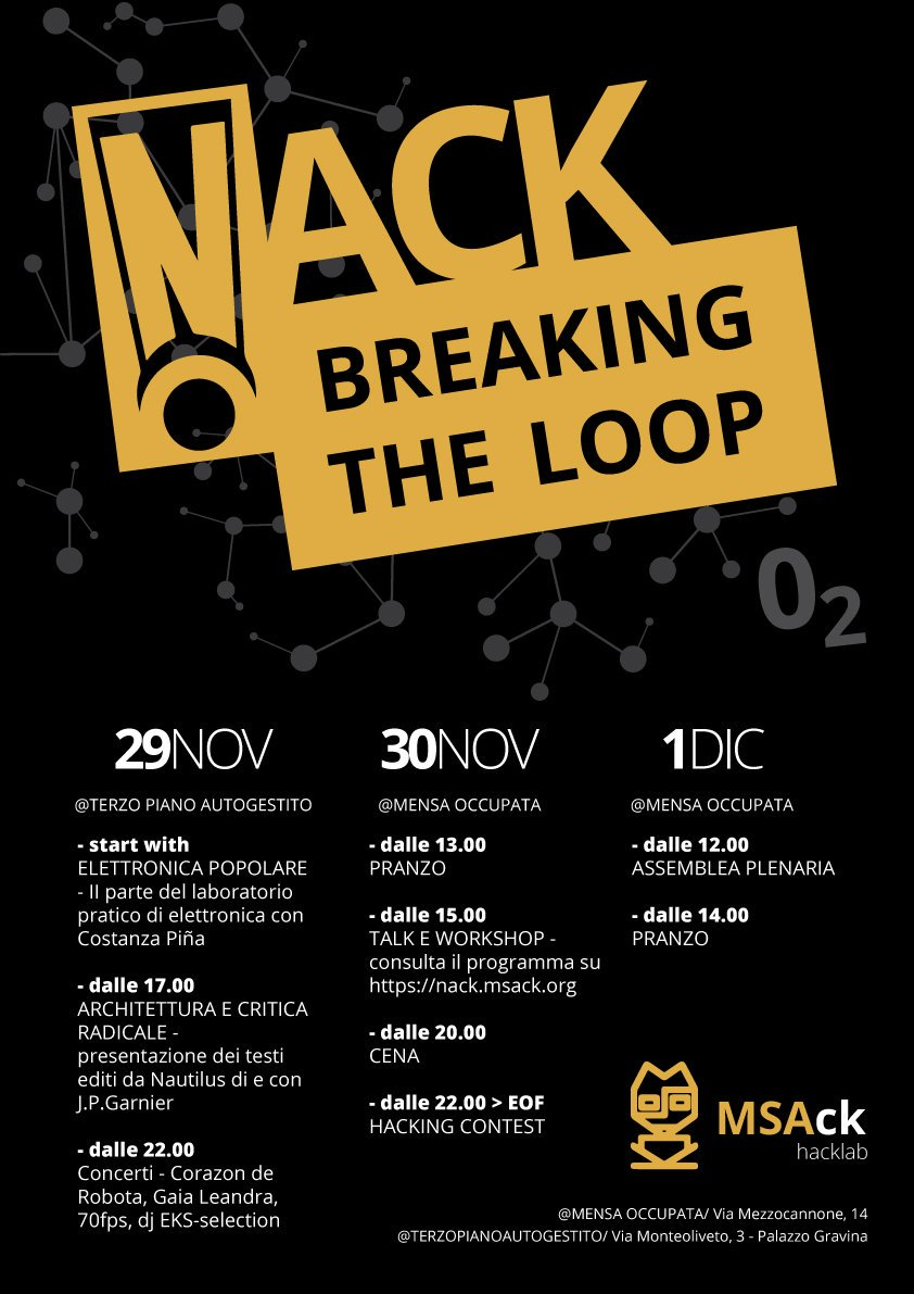 MSAck_Hacklab's tweet image. Il #NAck si avvicina... una grande occasione per stare insieme e condividere idee e pratiche per un approccio critico alla tecnica, affinchè risponda ai nostri bisogni e non a quelli di chi prova ogni giorno ad ingabbiarla e omologarla.
Per tutte le info: nack.msack.org