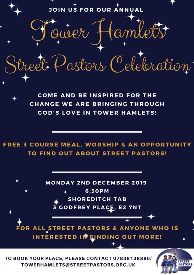 THStreetPastors's tweet photo. Please come join us for a celebration of this year with Tower Hamlets Street Pastors and to find out how you can join this fantastic organisation!  Let us know if you would like to come! https://t.co/99LGgZQ6i8