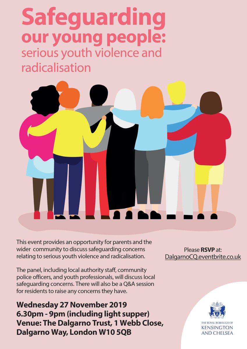 Prevent_RBKC's tweet photo. On 27 Nov @DalgarnoTrust are hosting a great event bringing together local residents with reps from the police and council to discuss the ways in which we safeguard our young people from violence and radicalisation - details below. Register here: https://t.co/ohw1YKsivk https://t.co/mXaOeSoUQx