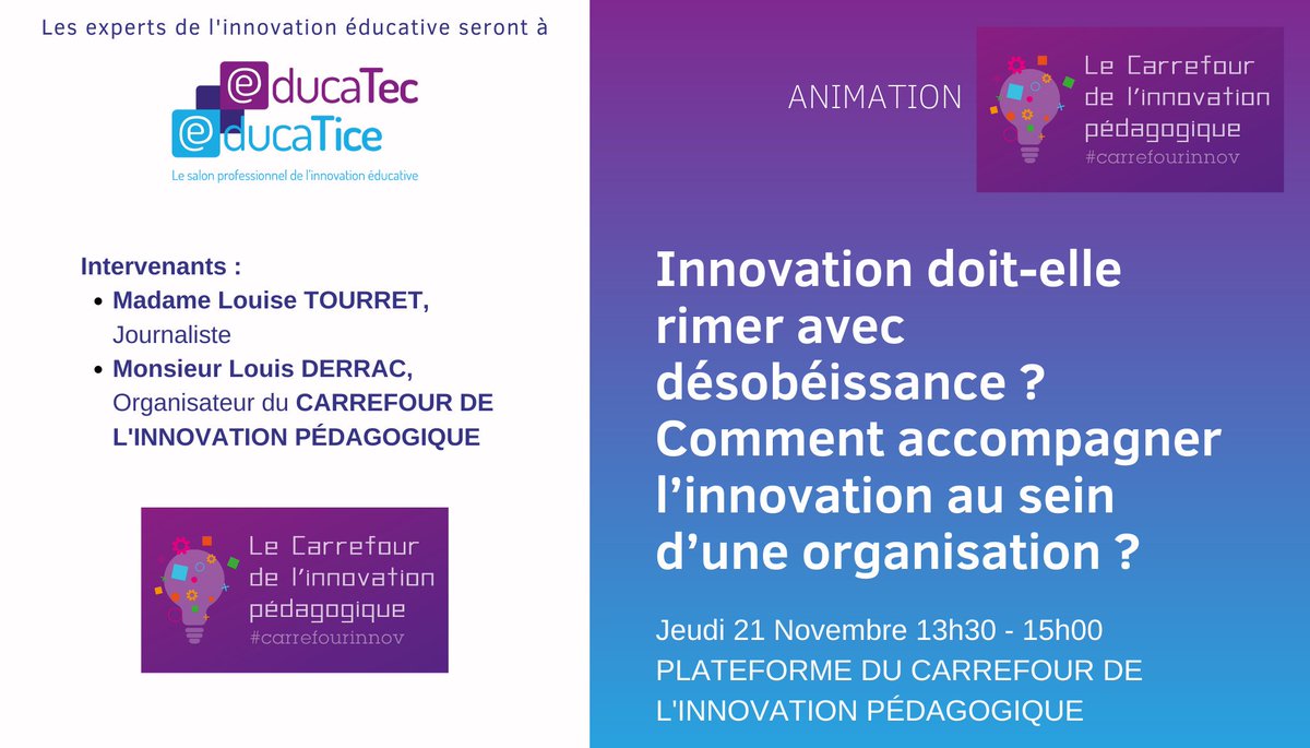 educatechexpo's tweet photo. [#ConférenceInteractive #CarrefourInnov 📍Plateforme de l'Innovation Pédagogique 🕛13h30-15h00]
Dans 30 min @louisderrac questionne : "Une innovation est une désobéissance qui a réussi". Êtes-vous prêts à désobéir ? Il vous promet que vous ne resterez pas inactifs ! #EducatecTice https://t.co/zXwpHlJnob