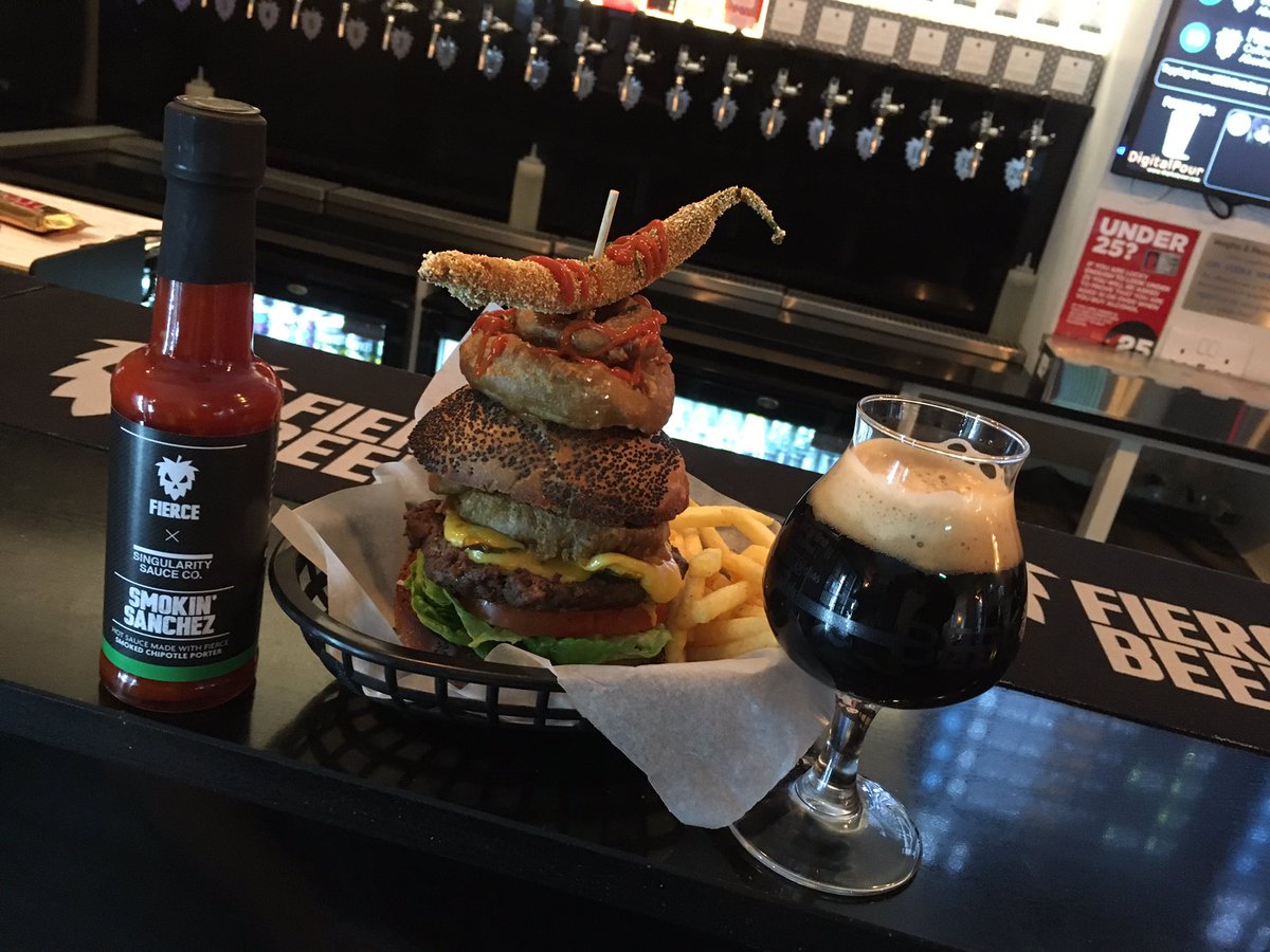 fiercebeer's tweet photo. OMG this is the Dirty Sanchez burger @FierceBarEDN . Chili, dirty sanchez battered onion rings, chili popper. Holy crap #awesome #thisisnotaprank available RIGHT NOW https://t.co/votG0SbEjG