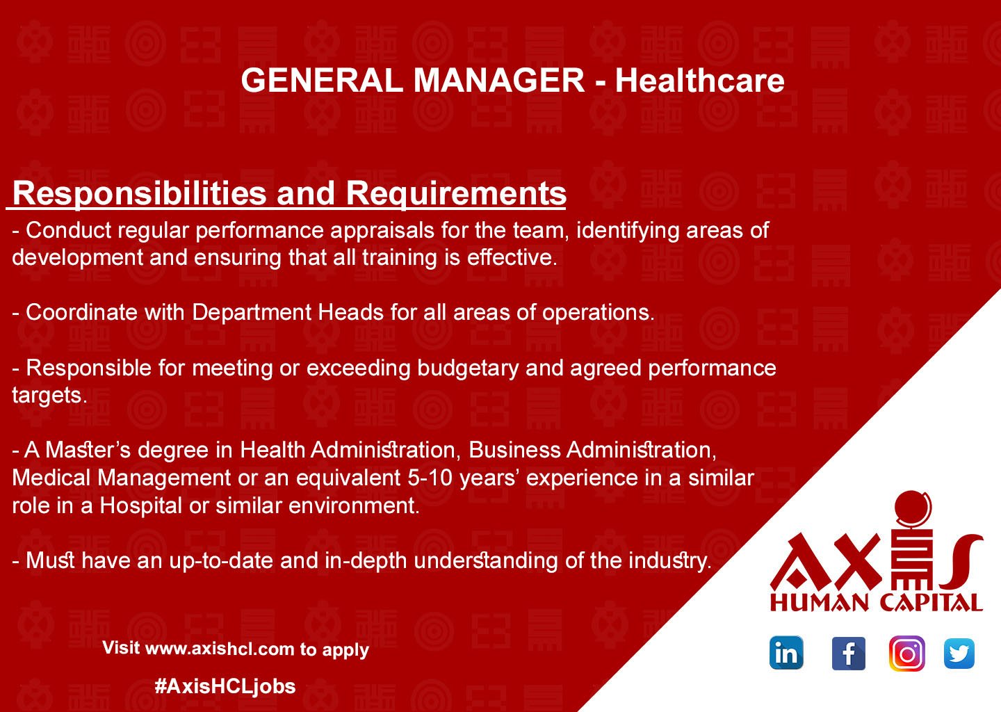 Axis Human Capital Ar Twitter: "Role: General Manager-Healthcare Deadline:  30Th November 2019. Visit Https://T.co/Jqqirpjnzf To Apply. #Axishcljobs  Https://T.co/7Nubge7Akt" / Twitter