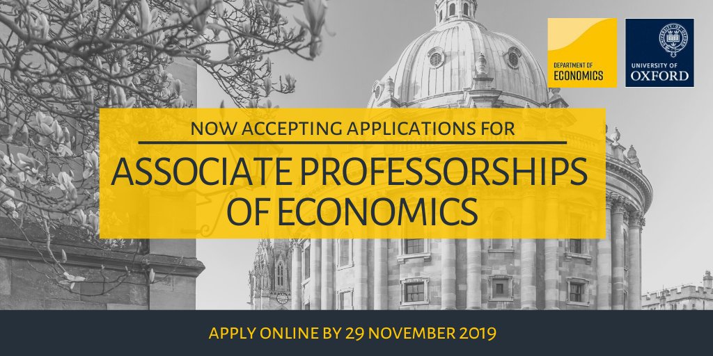 🔊 Calling #EconTwitter! We're recruiting for *THREE* new Associate Professors here @UniOfOxford. Could it be you? Apply online by 29 November: economics.ox.ac.uk/vacancies/asso…
