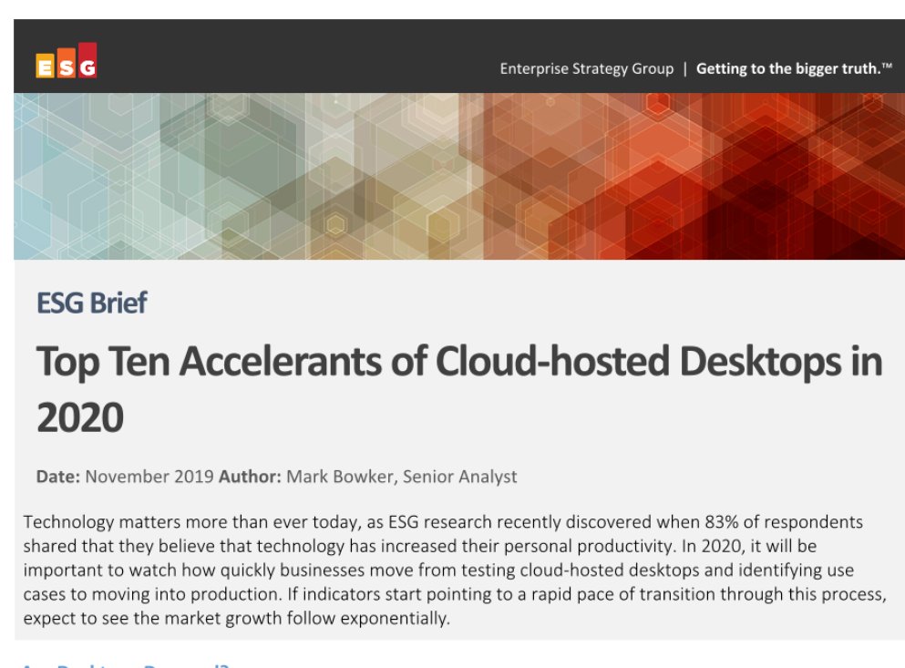 markbowker's tweet photo. Meeting with @T_REX_VDI and @jasonesmith12 with @Liquidware
 reminded again of the importance of supporting a heterogeneous #digitalworkspace environment. They also shared strong alignment with: ESG Brief: Top Ten Accelerants of Cloud-hosted Desktops in 2020 @esg_global https://t.co/B9XmScmnyV