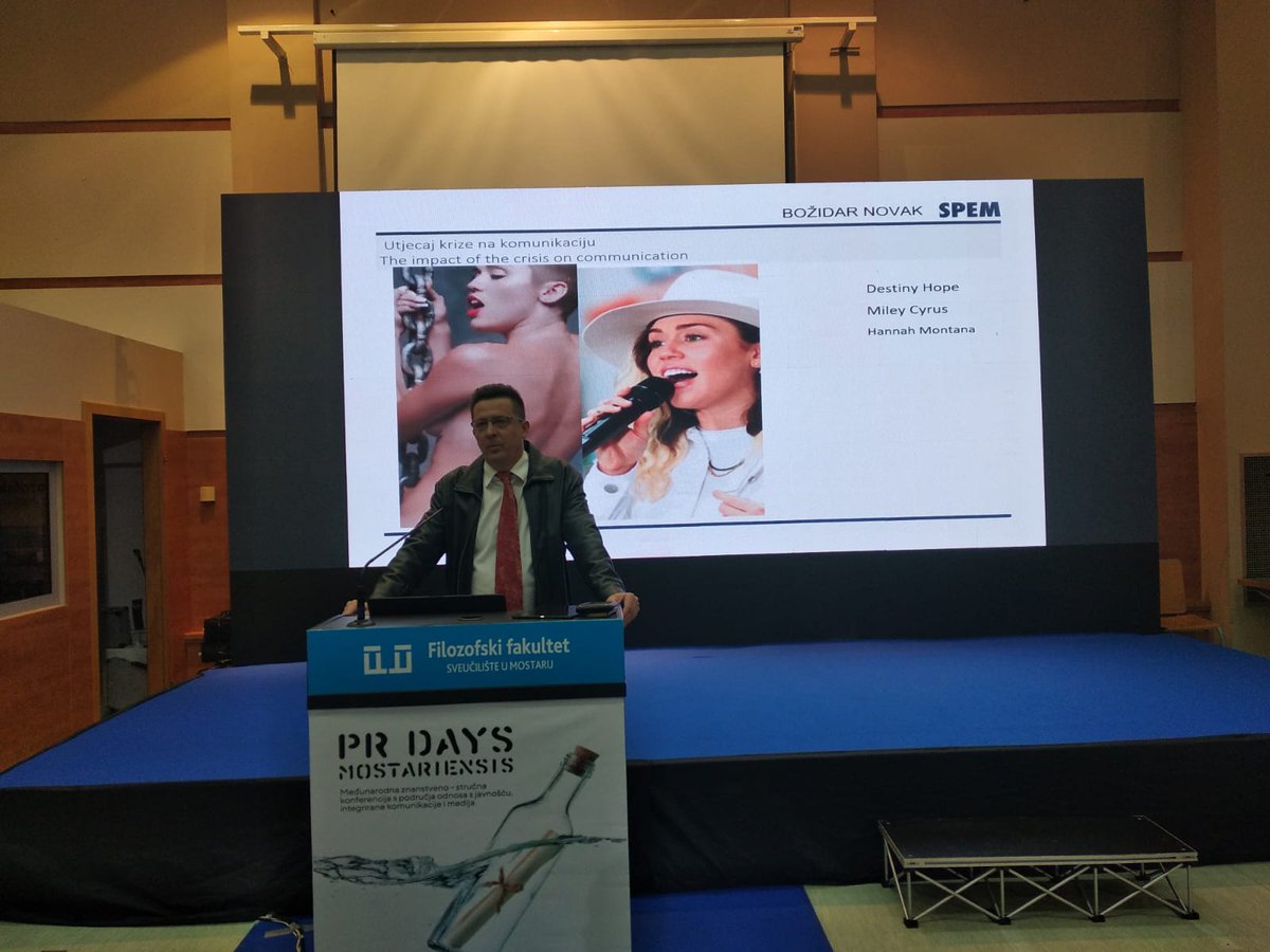 Posljednje uvodno predavanje izlaže Božidar Novak sa temom "Utjecaj krize na reputaciju: Slučaj Destiny Hope/Miley Cyrus/Hannah Montana".
#prdaysmostariensis