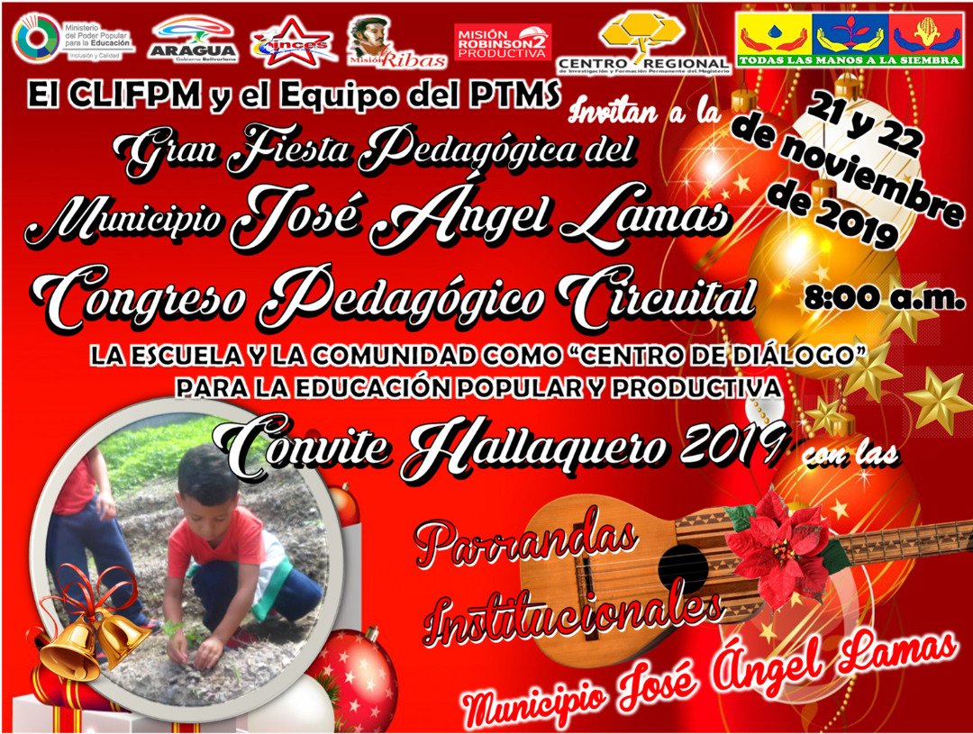 A pocos minutos para dar inicio a la fiesta pedagógica productiva. 5 Circuitos, una sola gestión. #CongresoPedagogicoCircuital #ConviteHallaquero. <a href="/NicolasMaduro/">Nicolás Maduro</a> @psuvaristobulo <a href="/RMarcoTorres/">Rodolfo Marco Torres</a> <a href="/leoalvacabrera/">Prof. Leonardo Alvarado</a> @ErickporLamas <a href="/CRIFPMA/">CRIFPMA</a> <a href="/cen_araguaney/">araguaney</a> <a href="/cenamec_centros/">Coordinación Nacional de los Centros</a> @josevsierra