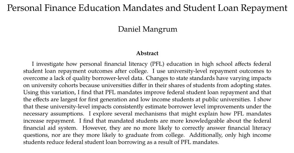 \\begin{JMPthread}Only half of recent student loan borrowers made any progress on their student loans after their first year of repayment.My JMP asks: can mandated personal finance coursework during high school improve student loan outcomes?more  https://www.danielmangrum.com/research.html 1/n