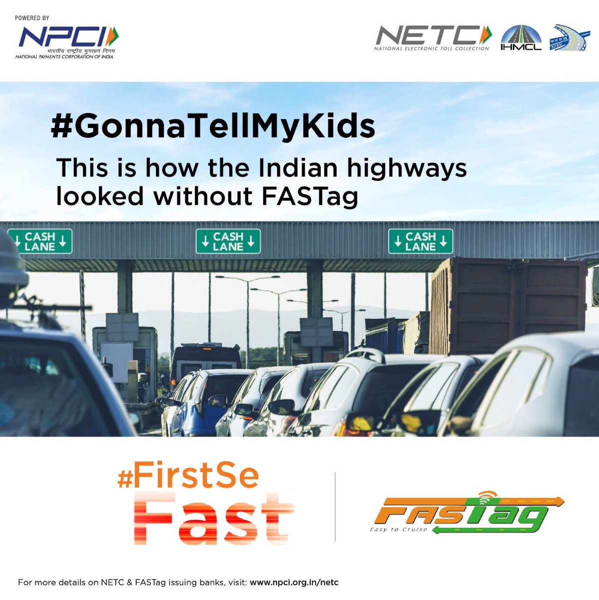 NPCI_NPCI's tweet photo. #GonnaTellMyKids that long queues at toll plazas are a thing of the past.

Get the mandatory FASTag on your vehicles before 1st December to get #FirstSeFast so you can share this tale with your kids! https://t.co/8VmGhb45rC