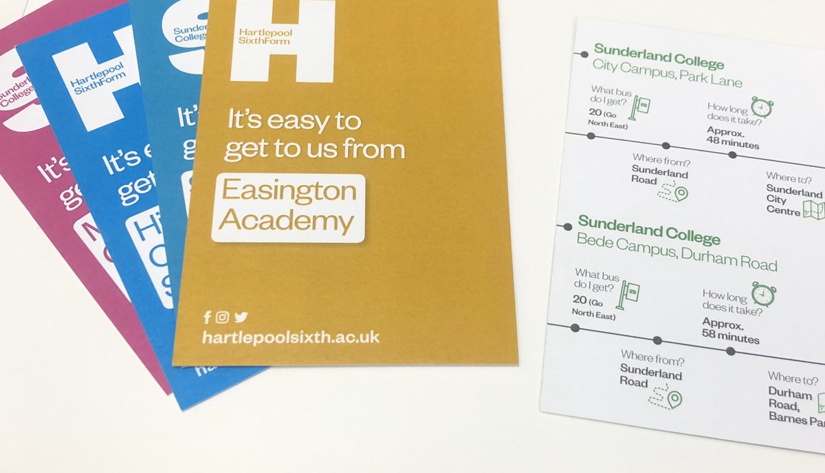 GetToKnowCraig's tweet photo. Love these new little travel cards, helping students understand how easy it is to get to @hartlepoolsixth @sunderlandcol. Making their way out with our brilliant recruitment and engagement team to events at schools. #helpfuldesign #careers #webelieve https://t.co/7tJzuw2PQ9