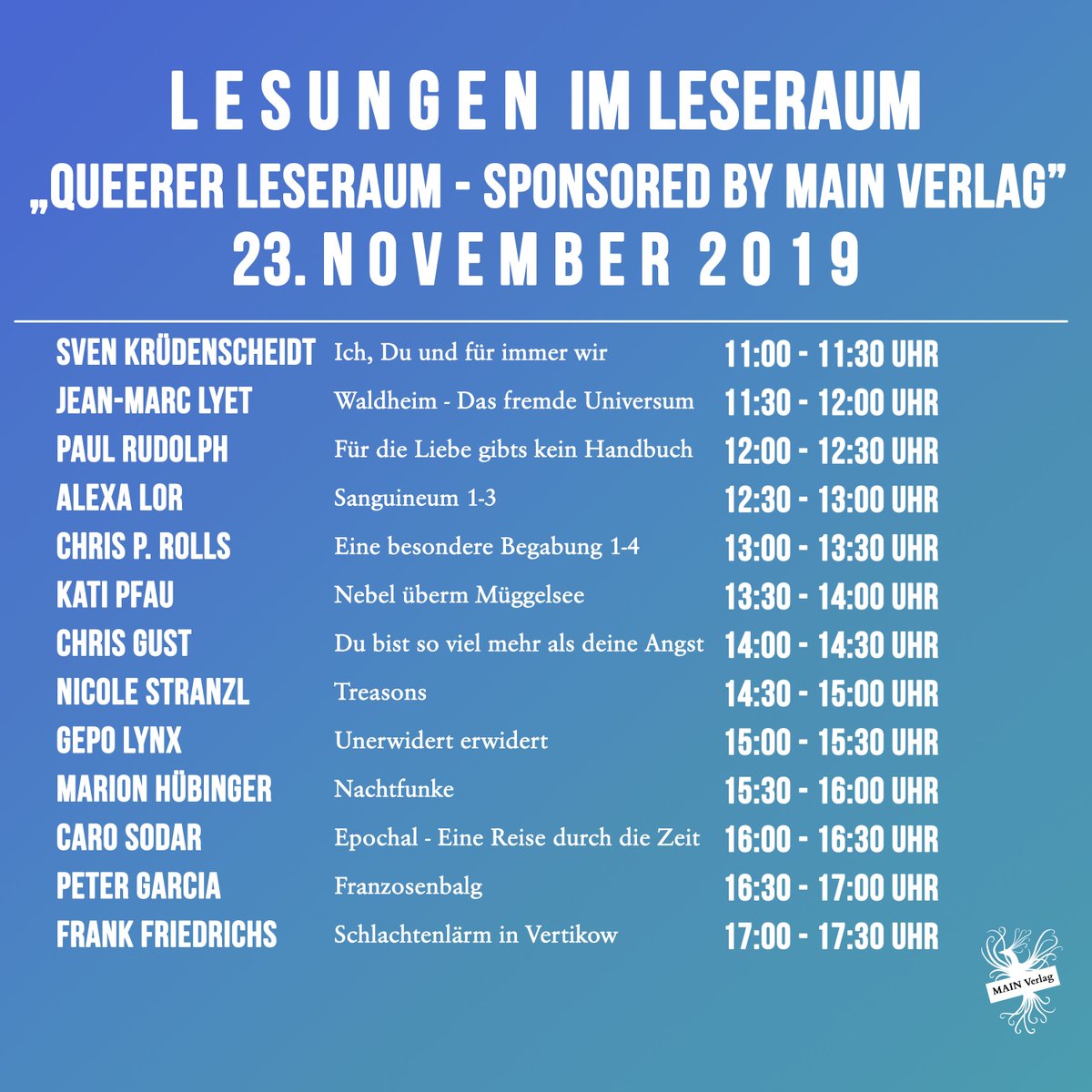 Main_Verlag's tweet photo. Die @BuchBerlinMesse steht an und erstmals finden unsere Lesungen im eigenen Leseraum „Queerer Leseraum - sponsored by MAIN Verlag” statt! 🥰 #BUCHBERLIN #Berlin #MAINFamilie #MAINVerlag https://t.co/UHZtWuBKma