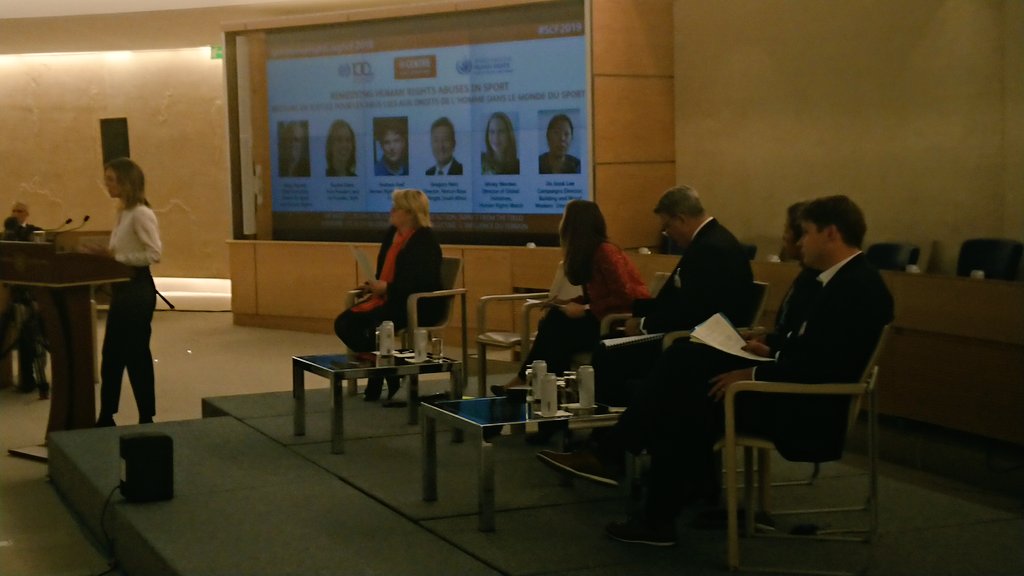 "Sport is not alone". Can we remedy abuses in sport together? Great panel at #SCF2019 <a href="/un/">United Nations</a> in #Geneva  with Rachel Davis <a href="/shiftproject/">Shift</a>, Mary Harvey <a href="/SportandRights/">Centre for Sport & Human Rights</a>, Minky Worden <a href="/hrw/">Human Rights Watch</a>, Jim Sook Lee <a href="/BWIglobal/">BWI Global Union</a>, Gregory Nott <a href="/NLawGlobal/">Norton Rose Fulbright</a> and Andreas Graf <a href="/fifamedia/">FIFA Media</a>.  #HumanRights