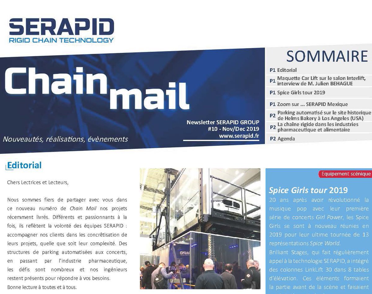 Newsletter Chain Mail disponible ! Au programme : : interview de M. Julien BEHAGUE concernant la réalisation d’une maquette à taille réelle d’un ascenseur pour voiture ; projet de parking automatisé sur le site historique de Helms Bakery… bit.ly/332J0xv