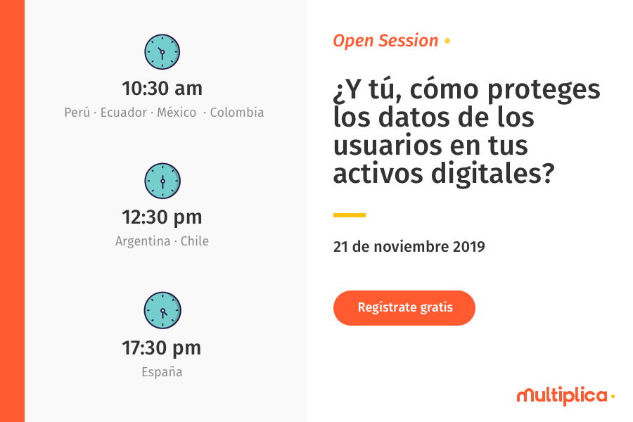 multiplica's tweet image. ¿Ya te registraste en la #OpenSessionMX de hoy? Alista tu alarma pues en breve empieza nuestra sesión con Aura Zamudio, quien nos hablará sobre cómo proteger los datos de tus usuarios en activos digitales. Regístrate aquí: lnkd.in/eG5RxP5