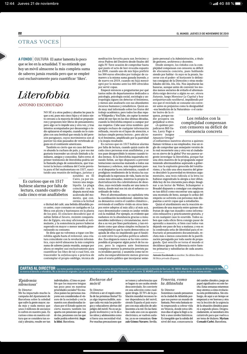 ArodSpainMedia's tweet photo. Si tus hijos no leen libros... Nos lo recuerda Antonio Escohotado. ¿Tú lees? @aescohotado en el ⁦@elmundoes⁩ https://t.co/S47kVsAKrw