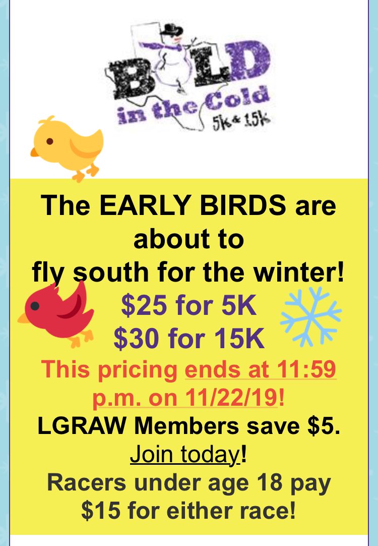 BoldCold5K15K's tweet photo. Early bird pricing lasts through November 22. 
❄️5K $25
❄️15K $30
❄️17 and under run either distance for $15
https://t.co/c4rGMGDFng
#RunBITC #BoldintheCold #RunLocal #RaceLocal #Running #Runners #Run #RunChat #RunGrapevine #GrapevineTX #RRCARunnerFriendlyCommunity https://t.co/FQcn8R4ome