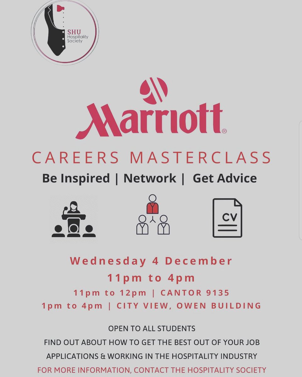 As well as the wine tasting masterclass, the hospitality society brings you another exciting event! A Marriott careers masterclass! Learn how to get the best out of your job application!📄😀
#Marriot #hospitalitysociety #SHU