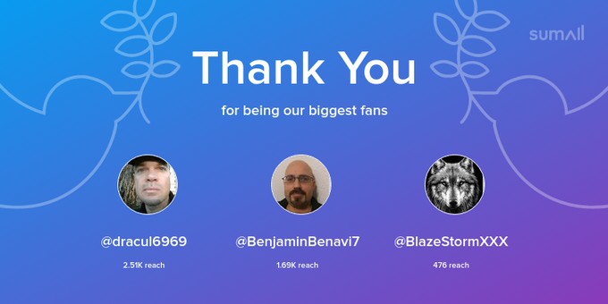 Our biggest fans this week: dracul6969, BenjaminBenavi7, BlazeStormXXX. Thank you! via https://t.co/4Zd6Me12zB
