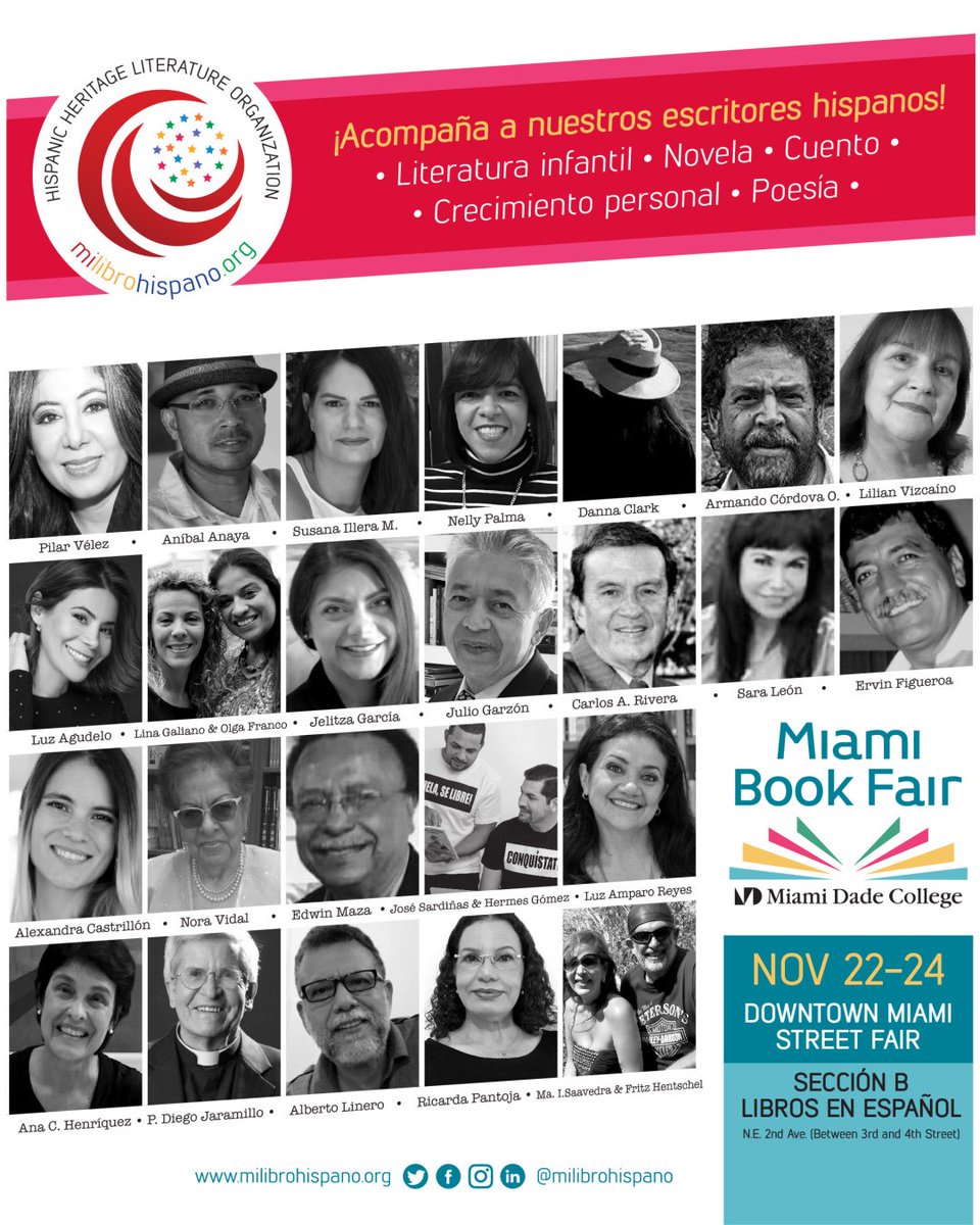 MiLibroHispano's tweet photo. Hispanic Heritage Literature Organization / Milibrohispano estará presente este año en el Street Fair de @MiamiBookFair 

Acompaña a nuestros escritores hispanos y apoya la literatura en nuestro idioma. ¡Los esperamos!

#EventosMiami #MiamiBookFair #FILMIA #LibrosEnEspañol https://t.co/OrwoiRnkue