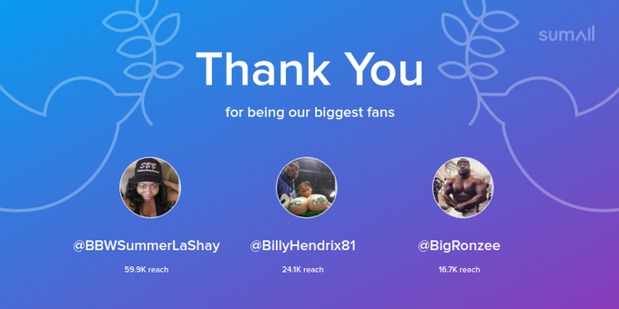 Our biggest fans this week: BBWSummerLaShay, BillyHendrix81, BigRonzee. Thank you! via https://t.co/7jmtaMvHaC