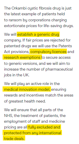 Interesting to see if this  on drug pricing receives much attention (p.35, pdf version:  https://labour.org.uk/manifesto/ )Compulsory licensing is when a government decides to bypass certain patent rights, forcing the patent-owner to license the production of generics. …3/n