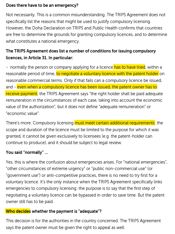 … “Compulsory licensing” comes under the WTO intellectual property agreement (“TRIPS”).Normally, there has to be a negotiation with the patent owner for a voluntary licence. Failing that, there still has to be remuneration.See this FAQ  https://www.wto.org/english/tratop_e/trips_e/public_health_faq_e.htm…4/n