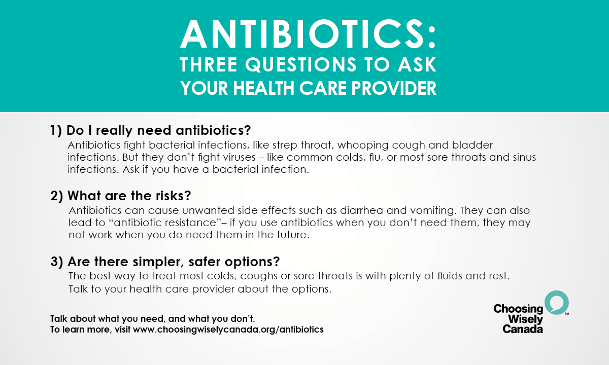 ChooseWiselyCA's tweet photo. Need to start a conversation about #antibiotics? See our 3 questions to ask #AntibioticsWisely
• Do I really need antibiotics?
• What are the risks?
• Are there simpler, safer options?
https://t.co/FT1qYs0GeV https://t.co/uI26iLTMAa