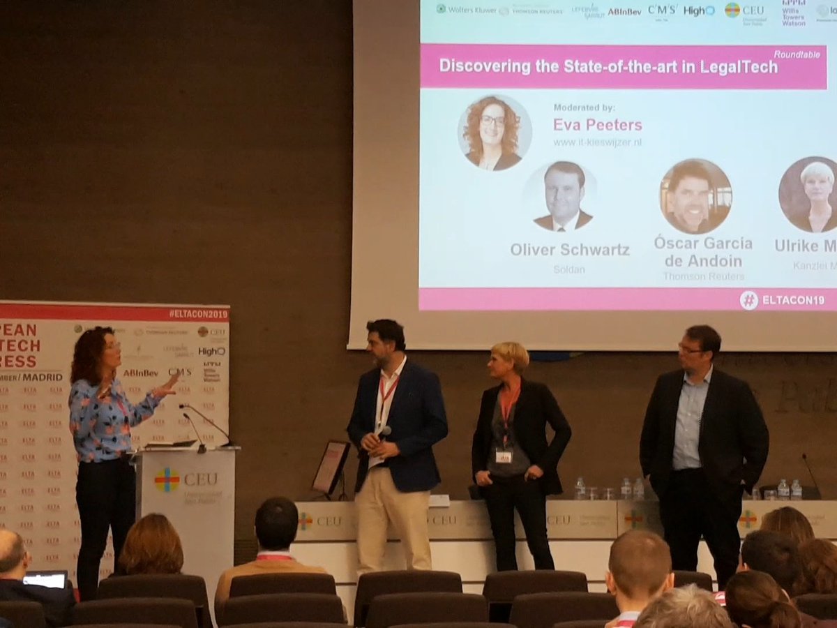 On stage at #ELTACON19 moderating the discussion 'Discovering the State-of-the-Art in #LegalTech' our very own Eva Peeters! <a href="/EULegaltech/">ELTA</a> @EvaPeeters1976