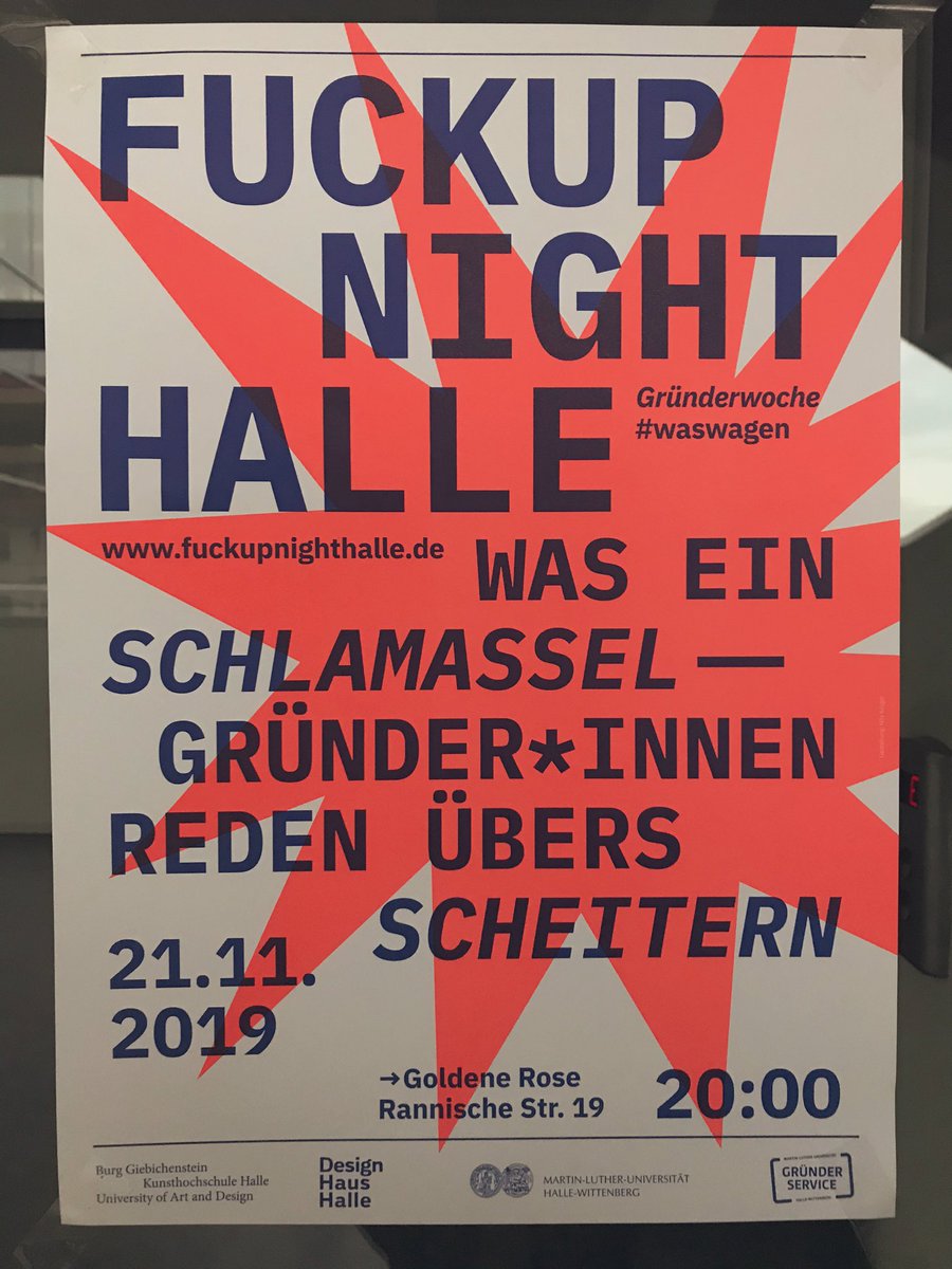 mmautor's tweet photo. In der Gründerwoche #waswagen? Zum Beispiel über’s Scheitern sprechen. 
Heute Abend berichten wir live von der ersten #FuckUpNightHalle aus der Goldenen Rose. 20.00 Uhr geht‘s los. Für mehr Infos: https://t.co/BTIaxbTRdG https://t.co/EMB1WguOlF