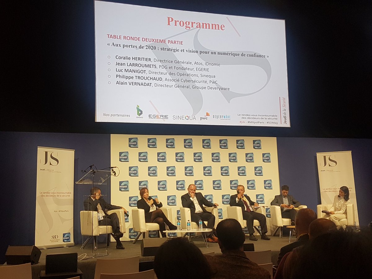 ALehenanff's tweet photo. [#MilipolParis] Cet après-midi , la conférence est consacrée à la stratégie et la vision française sur le sujet de la confiance numérique. 
@EGERIEsoftware @idnomic @HeritierCoralie @PwC_France @regionbretagne @Deveryware @sinequa #SDmag @Women4Cyber https://t.co/rorNHhNhrm