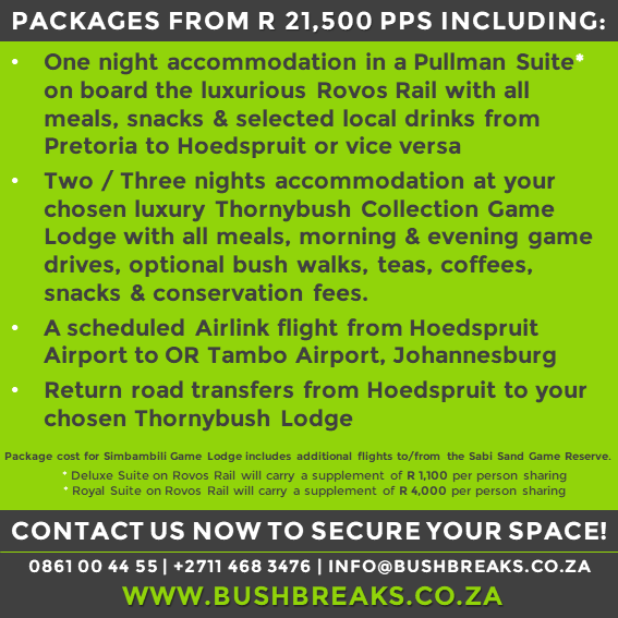 BushBreaks's tweet photo. The Ultimate Safari Experience of the year! Rovos Rail &amp; Thornybush Packages 2020. Contact us now to secure your space on 0861 00 44 55 / info@bushbreaks.co.za or click here to view details: https://t.co/Jm4MhhlVVY

#BushBreaks #RovosRail #Thornybush #SafariExperience #safarilive https://t.co/eDyiNSWuyz