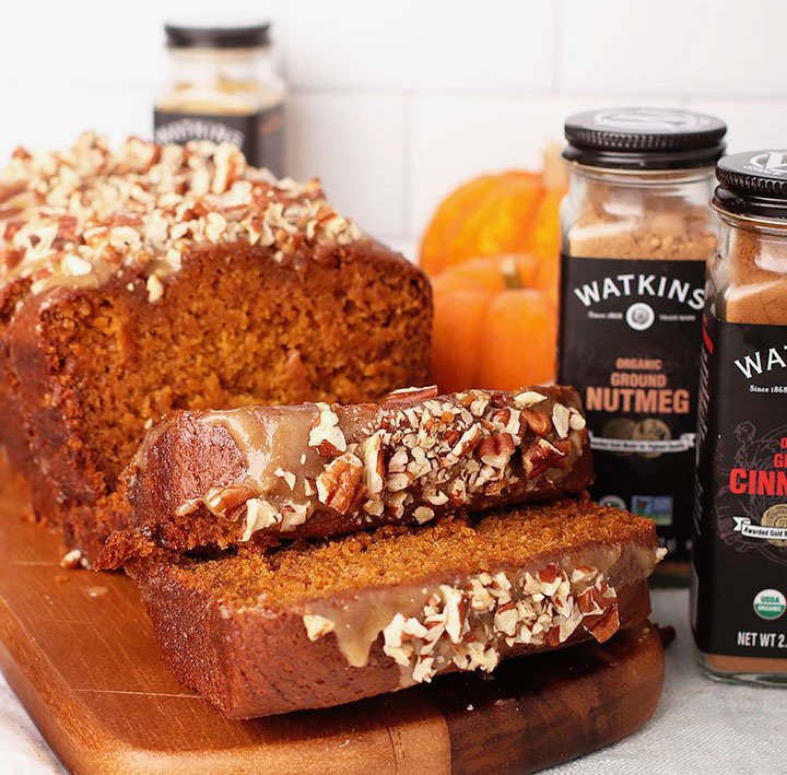Start a new holiday tradition with this perfectly spiced #vegan pumpkin bread #Ad. Spiced to perfection with @Watkins1868 Organic ground spices, this simple quick bread makes the ultimate holiday sweet treat or homemade gift. #HistoryInTheMaking #Watkins bit.ly/Watkins2019