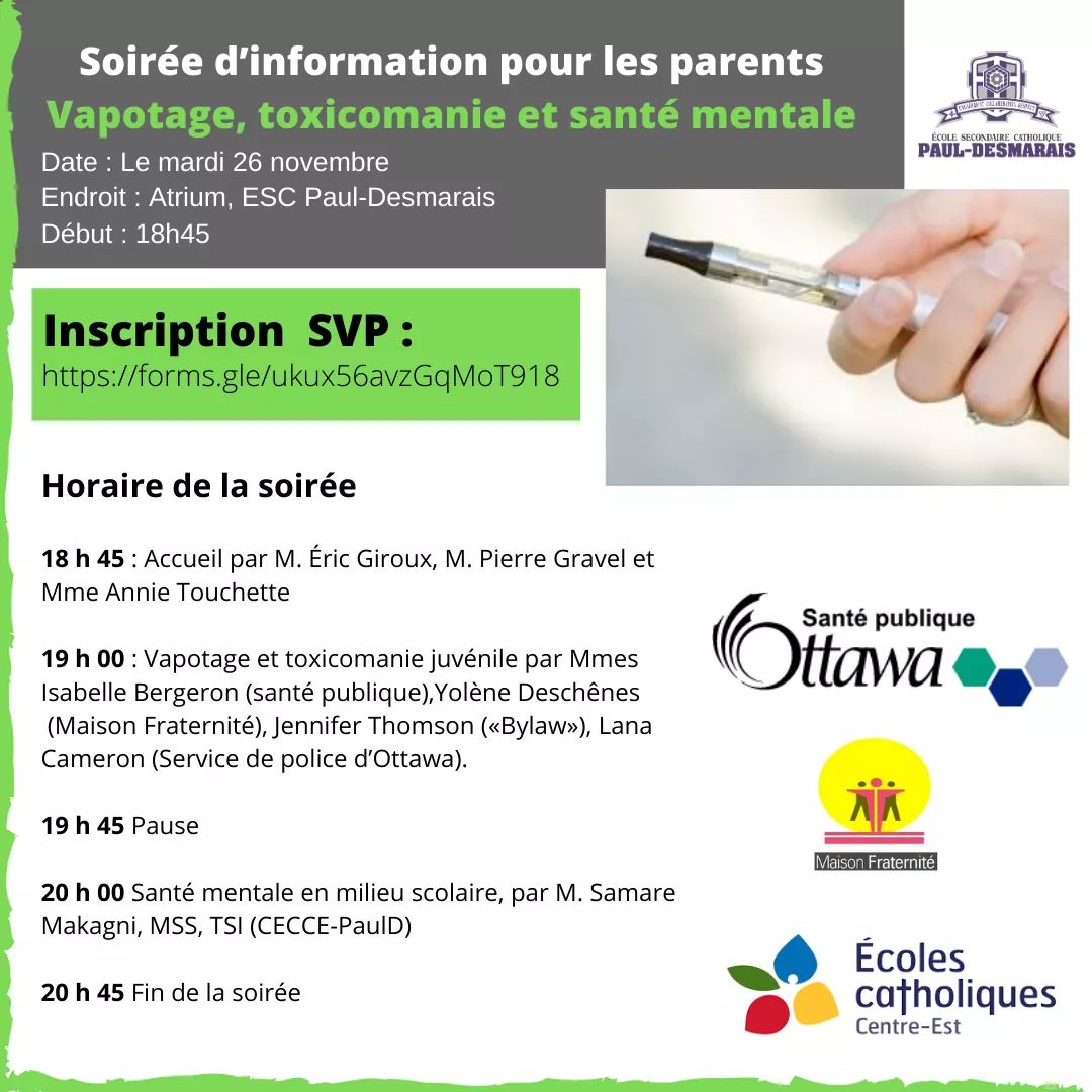 Inscrivez-vous à la Soirée d’information pour les parents sur le vapotage, la toxicomanie et la santé mentale -- 26 novembre :           forms.gle/ukux56avzGqMoT… 
#cecce #patriotesbienêtre