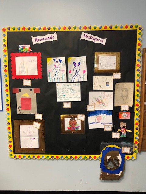 Artwork from our littles at home to bring a smile to us throughout the day. Workroom bulletin board🥰🖍️🖼️