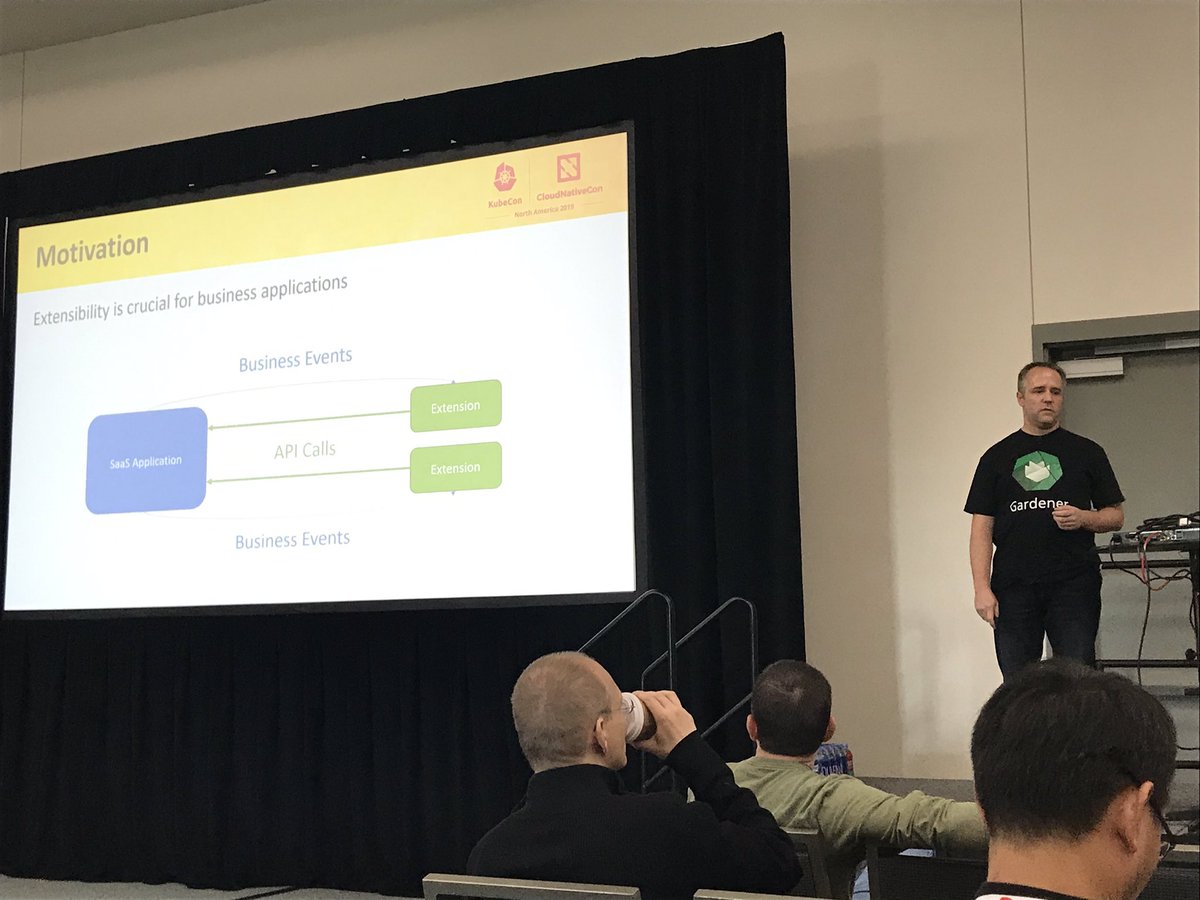 Happening Now: @kdeissner (in @GardenerProject T-shirt) presenting @SAP usage of CloudEvents for the extensibility use-case via SAP Cloud Platform Extension Factory and @kymaproject   #KubeCon #kubecon2019